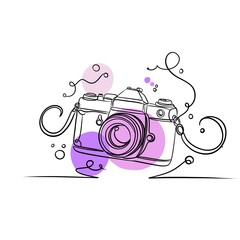 Retro photo camera in continuous line art style with abstract purple and pink shapes.
