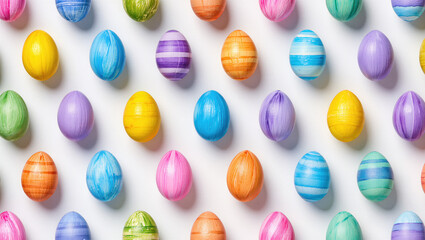 Easter eggs on white background,  colorful painted eggs  flat lay, Easter holiday celebration