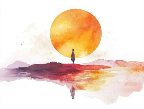 Watercolor poetic data visualization with charts becoming landscape sunrise circles balance analytics humanity calm editorial illustration 