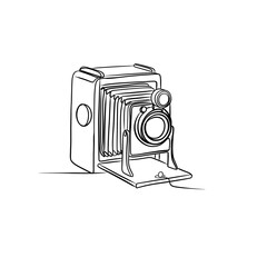 Antique folding bellows camera in minimalist continuous line art style isolated on white.