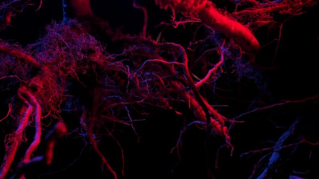 Macro shot of complex plant roots illuminated with red and blue lighting creating a surreal effect.