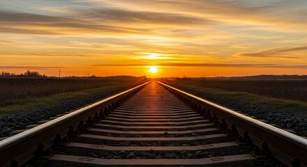 Obraz premium Majestic landscape collection featuring sun-drenched railway tracks at sunset, dense pine forests with morning sun rays, winding rivers through golden meadows, and rural roads with rain reflections