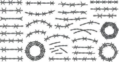 A collection of various barbed wire designs and shapes on a white background