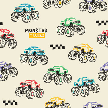 Vroom Monster Trucks Hand-Drawn Seamless Pattern for Kids
