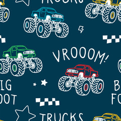 Vroom Monster Trucks Hand-Drawn Seamless Pattern for Kids © atap