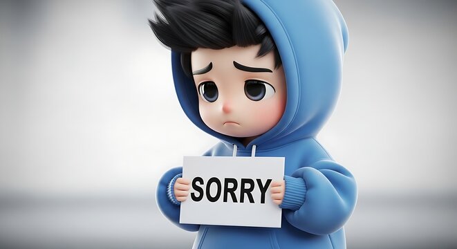 Sad 3d cartoon character wearing a bright blue hoodie holding a small white sign displaying the word sorry with a deeply apologetic facial expression against a soft gray background