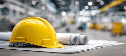 Fototapeta premium Yellow worker helmet and architect blueprint. Generative AI technology.