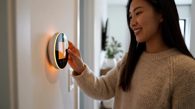 Woman Adjusting Smart Thermostat for Home Comfort and Energy Efficiency.