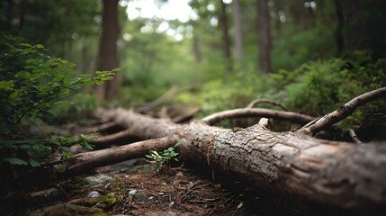 Fototapeta premium A weathered fallen log rests on a forest floor surrounded by verdant greenery