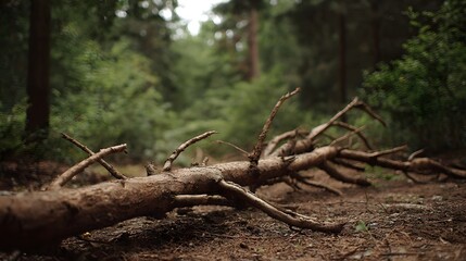 Fototapeta premium Fallen branches are scattered across a rustic woodland forest floor