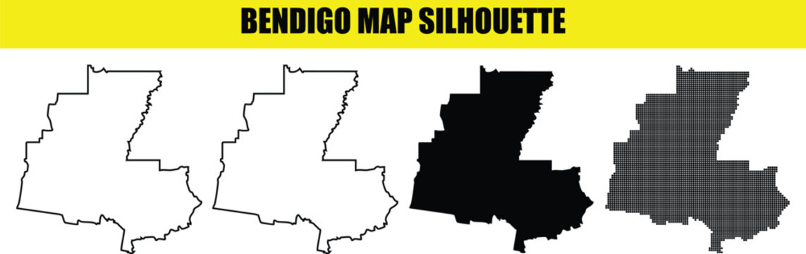 Bendigo map silhouette vector illustration, four styles of Australian city outline including solid fill, outline, and dotted patterns for design