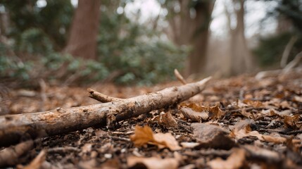 A weathered dried branch lies on the forest floor surrounded by fallen leaves evoking a sense of natural decay and seasonal change