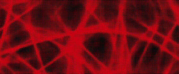 Abstract halftone background featuring dense circular dot patterns forming bold organic shapes on a vibrant red surface. The high-contrast dotted texture