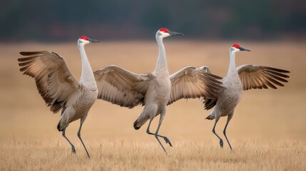 Obraz premium Three Sandhill Cranes Dancing Gracefully in a Serene Landscape