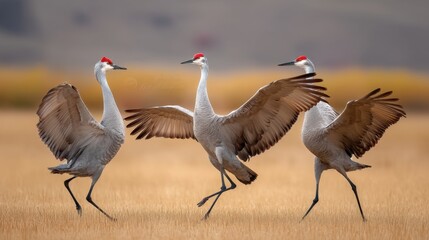 Obraz premium Majestic Sandhill Cranes Dancing Gracefully in Serene Landscape Under Soft Topaz Light