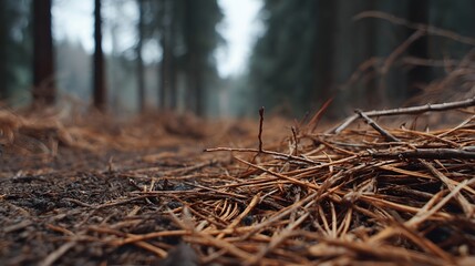 Obraz premium Close up view of dry pine needles and twigs scattered on a forest floor with blurred trees in the background