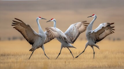 Obraz premium Three Sandhill Cranes Performing a Dance in a Golden Grassland at Sunrise