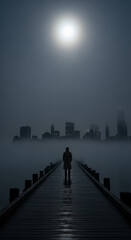 Fototapeta premium Contemplation on a Misty Pier Towards an Urban Horizon