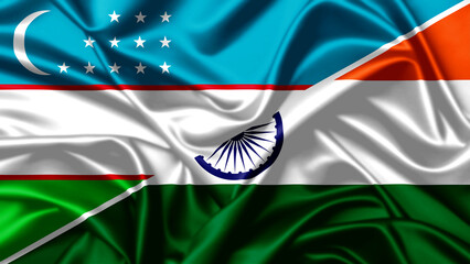 Uzbekistan and India waving national flags on silk texture background