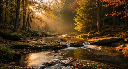 Obraz premium Breathtaking landscape of a peaceful forest stream with golden sunlight rays piercing through autumn trees