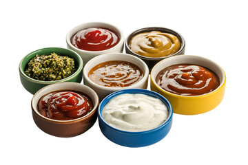 Assortment of dipping sauces and condiments in small bowls isolated on transparent background