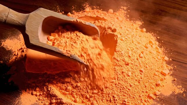 Vibrant orange gulal color powder pouring from wooden scoop symbolizing hindu holi celebration and indian tradition