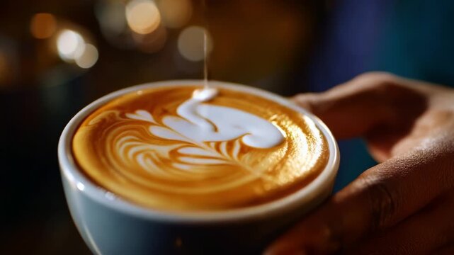Masterful Barista Creates Stunning Latte Art with Creamy Foam, Showcasing the Beautiful Designs on a Freshly Brewed Cup of Coffee in an Intimate Caf&eacute; Setting