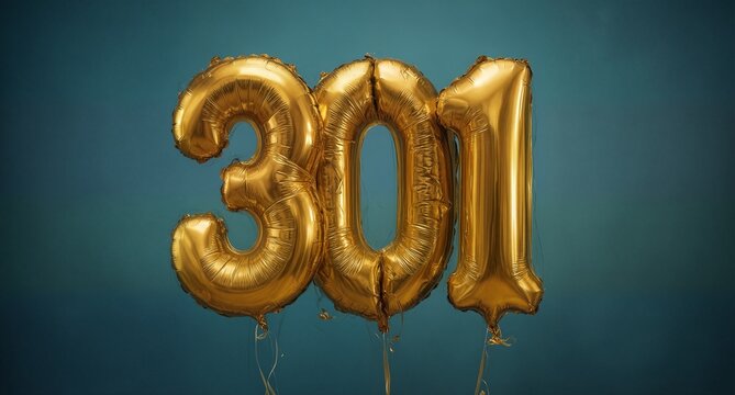 gold foil number balloons spelling "301" against a teal background, representing celebrations, milestones, or special occasions with a festive and modern aesthetic.
