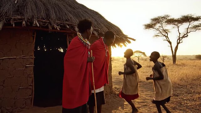 Maasai Family Outside Traditional Hut Sunset Africa Savanna Life
