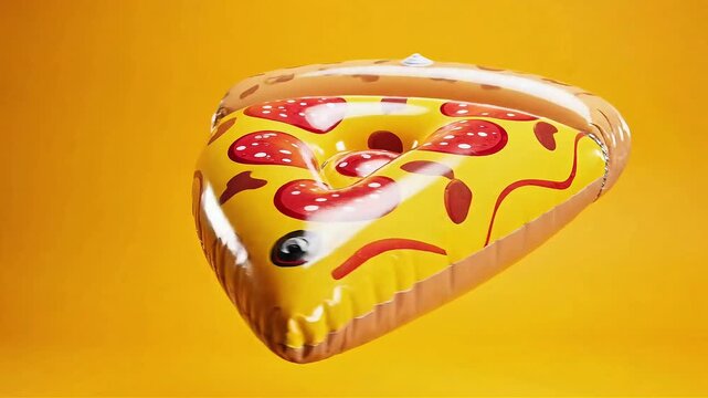 Inflatable pizza slice pool float isolated on yellow background. Summer vacation, fast food and relaxation concept.