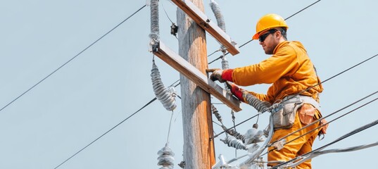Lineman working on electric pole network. Electrical infrastructure maintenance job. Generative AI technology.