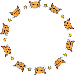 Round frame with cute orange cat and yellow stars on white background.eps