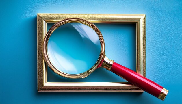 gold colored frame of magnifying glass wth red handle against blue background