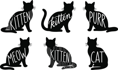 Cute cat silhouette typography vector set with handwritten words kitten meow purr and cat, black minimalist pet illustration collection for prints and decor © Hello World