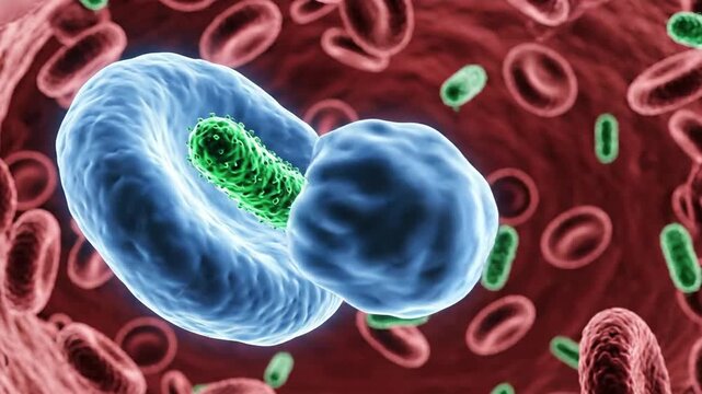 Microscopic view of cell with pseudopods amidst blood cells and bacteria