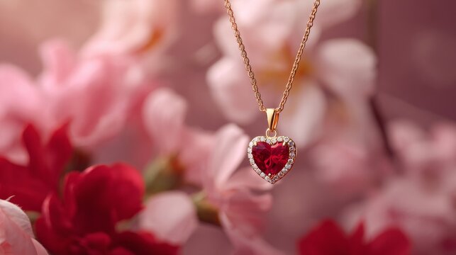 Ruby Heart Pendant Necklace with Diamonds on Floral Backdrop A Valentine's Day Gift Idea
