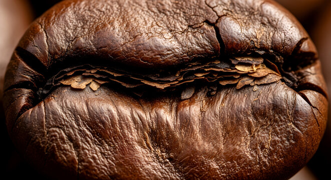 Extreme Close-up Macro Shot of a Single Dark Roasted Coffee Bean with Intricate Texture and Cracked Surface, High Detail, Commercial Photography