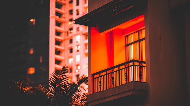 Urban balcony illuminated by warm orange light at dusk, showcasing a modern building facade with palm leaves framing the scene in a vibrant city environment