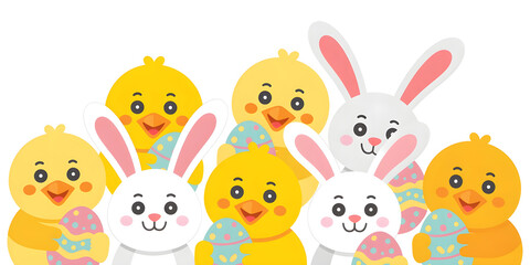 Easter bunnies and chicks holding decorated eggs