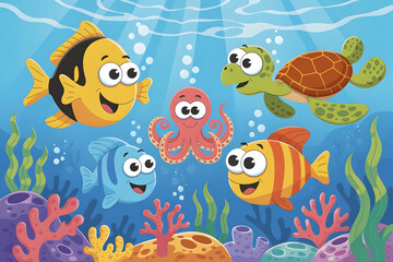 Obraz premium Cute cartoon sea animals swimming underwater in ocean