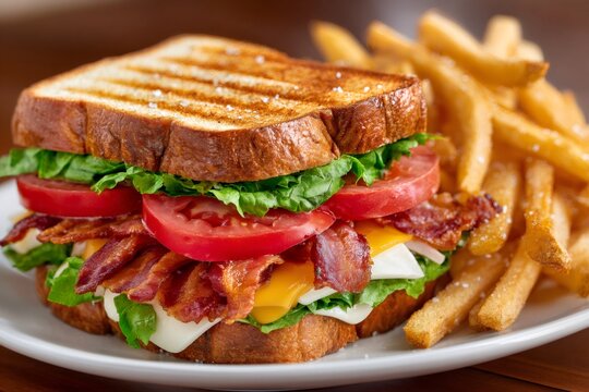Blt club sandwich with cheese and crispy fries
