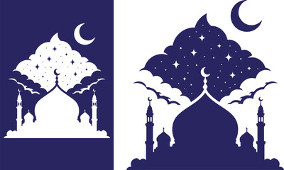Silhouette of mosque and crescent moon with starry night sky and tree Vector