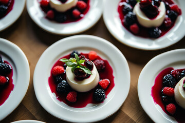 Beautifully arranged plate of Italian panna cotta with a hint of lemon zest, served with a garnish of fresh basil and a drizzle of berry sauce