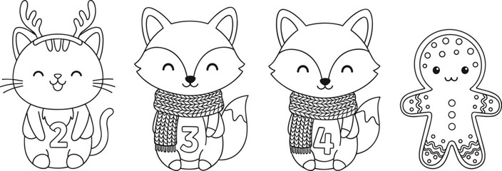 Cute winter animals advent calendar vector illustration with fox, reindeer cat and gingerbread character, festive line art design for Christmas coloring pages © Hello World