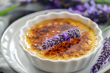 Elegant display of French lavender-infused creme brulee with a caramelized top, served with a sprig of lavender