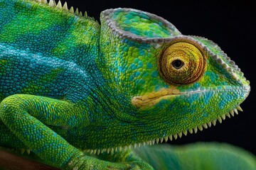Fototapeta premium Chameleon with striking green and blue camouflage colors