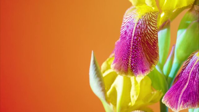 purple iris falls closeup on orange artist study of intricate veins, velvety texture, focused lens, galleryready botanical abstract