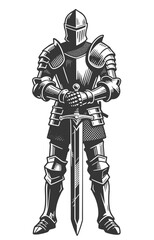 Medieval Knight in Full Armor Standing with Crossed Hands on Sword in Black and White Style