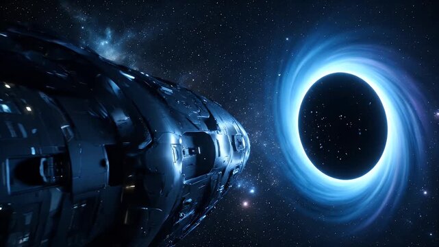 An advanced interstellar vessel embarks on a daring voyage through the dark void, encountering a powerful black hole amidst a field of distant stars and cosmic phenomena
