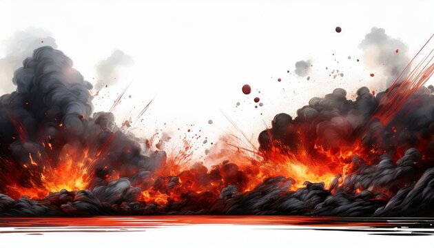 explosion border with dark smoke and red lava isolated on white transparent a background